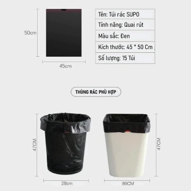 Túi đựng rác quai rút tiện lợi 45x50cm siêu dai tự phân hủy 15 túi/cuộn - Đen