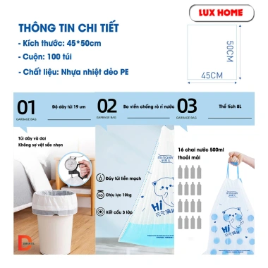 Túi đựng rác tự phân hủy Minaier có quai siêu dai 45x50cm, chống rỉ, cuộn 100 túi