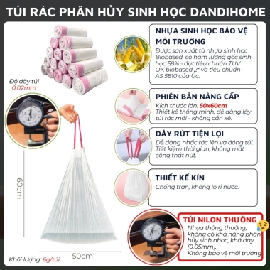 Túi đựng rác tự phân hủy sinh học DandiHome không gây hại môi trường, có dây rút 20 túi/cuộn – 20.000₫