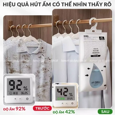Túi hút ẩm Loại lớn 120g 2 ngăn có móc treo - Chống ẩm mốc, tiện lợi tủ quần áo