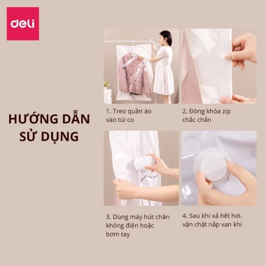 Túi Hút Chân Không Deli có Móc Treo, bảo quản quần áo, áo dạ, áo vét chống nấm mốc, bụi bẩn 5 Túi Hút Chân Không Deli có Móc Treo, bảo quản quần áo, áo dạ, áo vét chống nấm mốc, bụi bẩn 5