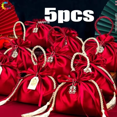 Túi Kẹo Cưới Trung Quốc 1-3-5 Túi - Túi Vải Dây Rút Mini Đỏ Trang Trí, Đóng Gói Quà Tiệc Giá 20.580 VND