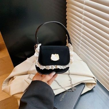 Túi mini nữ da PU phối ren trắng, charm mèo vàng - phong cách Hàn DK374, 73.000đ 2