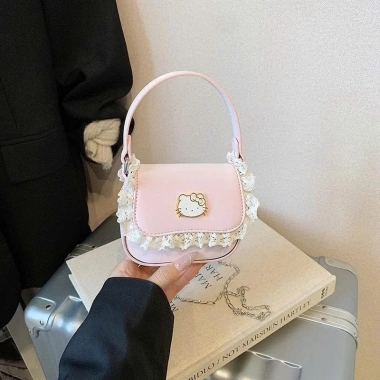 Túi mini nữ da PU phối ren trắng, charm mèo vàng - phong cách Hàn DK374, 73.000đ 5