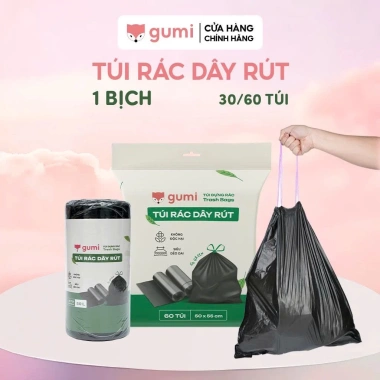 Túi rác Gumi tự phân hủy dây rút, 50x55/65x78 cm, túi đen có quai - giảm 44.000₫