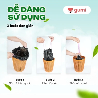 Túi rác Gumi tự phân hủy dây rút, 50x55/65x78 cm, túi đen có quai - giảm 44.000₫