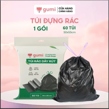 Túi rác Gumi tự phân hủy dây rút, 50x55/65x78 cm, túi đen có quai - giảm 44.000₫