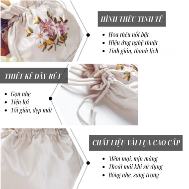 Túi rút tay nữ thêu hoa đẹp, vải lụa vintage cổ điển - Giá chỉ 59.000đ 4