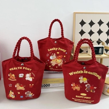 Túi Tote Canvas Năm Ngựa Xô Đỏ May Mắn 2.026 - Thiết Kế Dễ Thương, Phù Hợp Hội Nghị và Quà Tặng