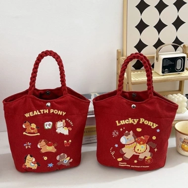 Túi Tote Canvas Năm Ngựa Xô Đỏ May Mắn 2.026 - Thiết Kế Dễ Thương, Phù Hợp Hội Nghị và Quà Tặng