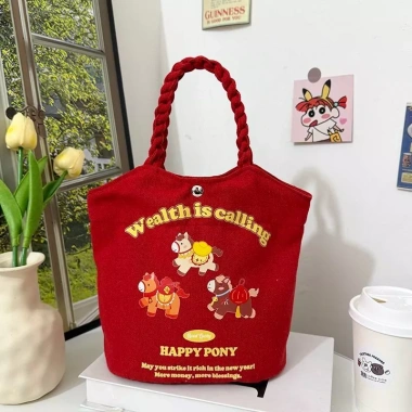 Túi Tote Canvas Năm Ngựa Xô Đỏ May Mắn 2.026 - Thiết Kế Dễ Thương, Phù Hợp Hội Nghị và Quà Tặng