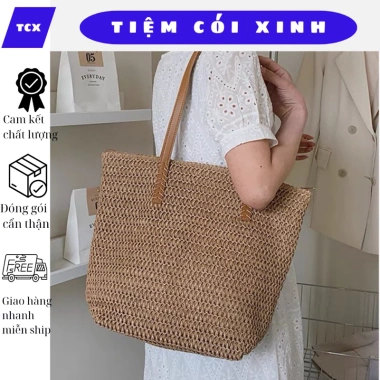 Túi tote cói dây da khoá kéo - Đan xương cá, phong cách đi biển, chỉ 145.000đ