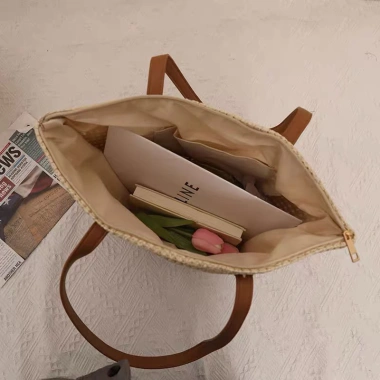 Túi tote cói dây da khoá kéo - Đan xương cá, phong cách đi biển, chỉ 145.000đ