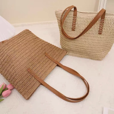 Túi tote cói dây da khoá kéo - Đan xương cá, phong cách đi biển, chỉ 145.000đ
