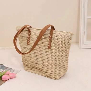 Túi tote cói dây da khoá kéo - Đan xương cá, phong cách đi biển, chỉ 145.000đ