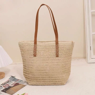 Túi tote cói dây da khoá kéo - Đan xương cá, phong cách đi biển, chỉ 145.000đ