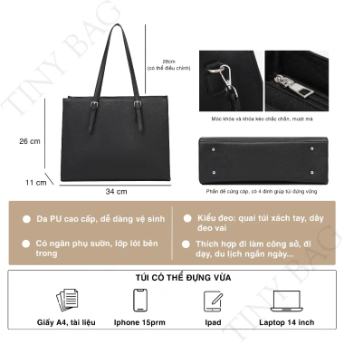 Túi tote da PU cao cấp lớn, ngăn chống sốc laptop A4, đeo chéo đa năng giá ưu đãi 379k 9