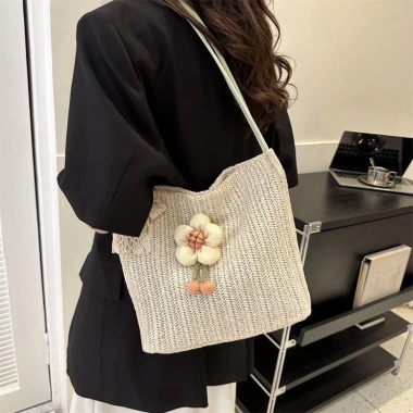 Túi Tote đan cói đính hoa dễ thương Hàn Quốc, túi đeo chéo sức chứa lớn 115k 3