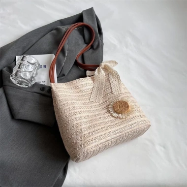 Túi Tote đan cói họa tiết đính hoa dễ thương phong cách Hàn Quốc, túi đeo chéo sức chứa lớn cho nữ đi biển 2.024 5