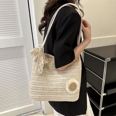 Túi Tote đan cói họa tiết đính hoa dễ thương phong cách Hàn Quốc, túi đeo chéo sức chứa lớn cho nữ đi biển 2.024 6