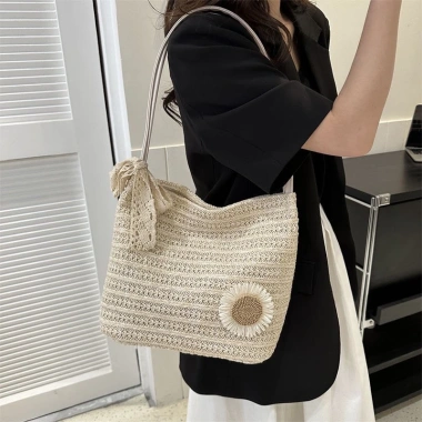 Túi Tote đan cói họa tiết đính hoa dễ thương phong cách Hàn Quốc, túi đeo chéo sức chứa lớn cho nữ đi biển 2.024 8