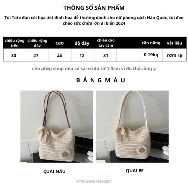 Túi Tote đan cói họa tiết đính hoa dễ thương phong cách Hàn Quốc, túi đeo chéo sức chứa lớn cho nữ đi biển 2.024 9