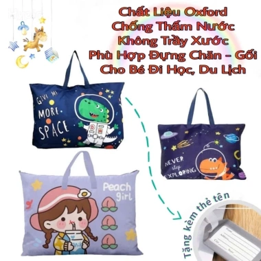 Túi vải chống thấm bé - đựng chăn gối đi học, du lịch, mẫu hoạt hình, tặng thẻ tên