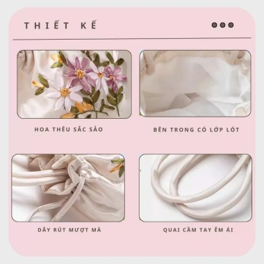 Túi xách cầm tay thêu hoa nổi rút dây - phụ kiện áo dài áo yếm, 79.000₫ 3