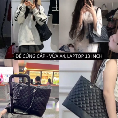 Túi xách công sở nữ tote da PU lớn đeo vai, đựng A4 laptop, dây xích khoá kéo size 32, giá 186k