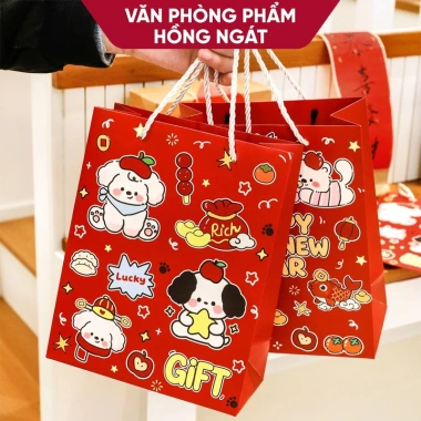 Túi xách giấy cứng họa tiết Tết cute, túi quà Tết dễ thương, giảm giá 14.900₫