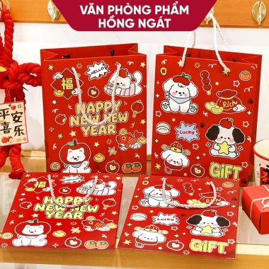 Túi xách giấy cứng họa tiết Tết cute, túi quà Tết dễ thương, giảm giá 14.900₫