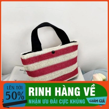 Túi Xách Nữ Đan Sợi Kẻ Ngang Phong Cách Hàn Quốc, Túi Cối Đi Biển Du Lịch, FREESHIP, 49.999đ 5