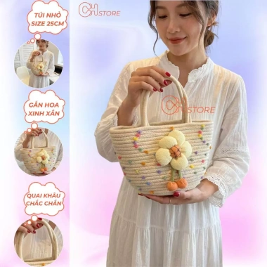 Túi xách nữ đi biển đan thủ công vải sợi đính hoa cute - Giá chỉ 65.000₫