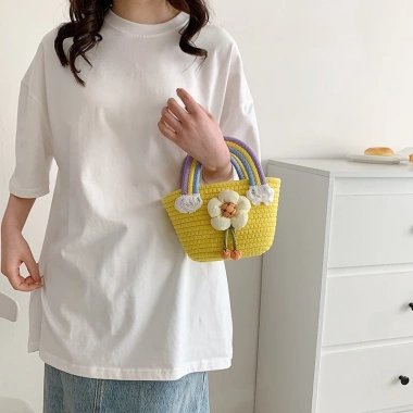 Túi xách nữ đi biển đan thủ công vải sợi đính hoa cute - Giá chỉ 65.000₫
