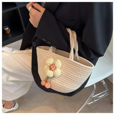 Túi xách nữ đi biển đan thủ công vải sợi đính hoa cute - Giá chỉ 65.000₫