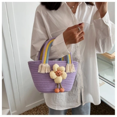 Túi xách nữ đi biển đan thủ công vải sợi đính hoa cute - Giá chỉ 65.000₫