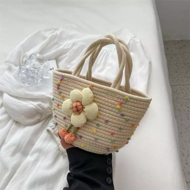 Túi xách nữ đi biển đan thủ công vải sợi đính hoa cute - Giá chỉ 65.000₫