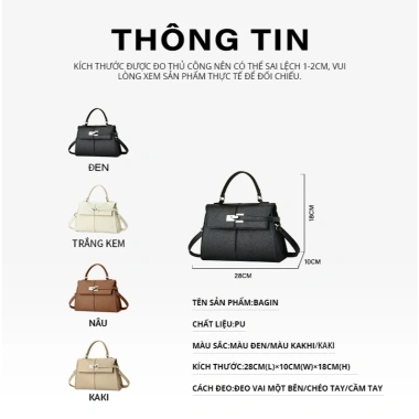 Túi xách tay nữ công sở da vân cao cấp BAGIN, khóa kim bạc sang trọng – quà Tết ưu đãi 332k