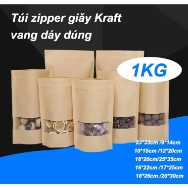 Túi Zip Giấy Kraft 1KG Đáy Đứng Có Cửa Sổ - Đựng Thực Phẩm, Giá 120.000 VNĐ Túi Zip Giấy Kraft 1KG Đáy Đứng Có Cửa Sổ - Đựng Thực Phẩm, Giá 120.000 VNĐ
