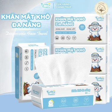 Tushie Treats Khăn mặt khô đa năng lau khô và lau ướt, cotton tự nhiên không rụng xơ, không kích ứng, 60 rút - chỉ 20.000đ Tushie Treats Khăn mặt khô đa năng lau khô và lau ướt, cotton tự nhiên không rụng xơ, không kích ứng, 60 rút - chỉ 20.000đ