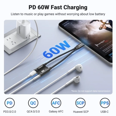 Ugreen 2 trong 1 USB-C sang Hifi 3,5mm + Cáp sạc PD 60W, vỏ từ tính cho iPhone 15, MacBook M3