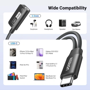 Ugreen 2 trong 1 USB-C sang Hifi 3,5mm + Cáp sạc PD 60W, vỏ từ tính cho iPhone 15, MacBook M3