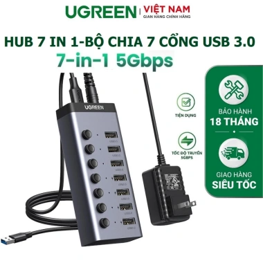 Ugreen HUB 7 cổng USB 3.0 5Gbps vỏ nhôm, công tắc bật tắt, kèm nguồn 12V2A giá 490k
