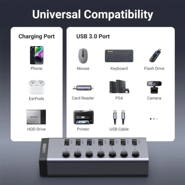 Ugreen HUB 7 cổng USB 3.0 5Gbps vỏ nhôm, công tắc bật tắt, kèm nguồn 12V2A giá 490k