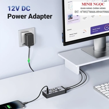 Ugreen HUB 7 cổng USB 3.0 5Gbps vỏ nhôm, công tắc bật tắt, kèm nguồn 12V2A giá 490k