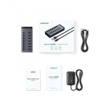 Ugreen HUB 7 cổng USB 3.0 5Gbps vỏ nhôm, công tắc bật tắt, kèm nguồn 12V2A giá 490k