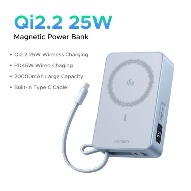 UGREEN Qi2 25W 20.000mAh Sạc nhanh không dây từ tính + Cáp USB-C 45W - Tràn năng lượng, phù hợp iPhone 17, màu xám 10