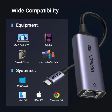 Ugreen Type-C sang LAN RJ45 2.5Gbps Bộ chuyển đổi USB-C tốc độ 2.500Mbps cho MacBook iPad Pro 7