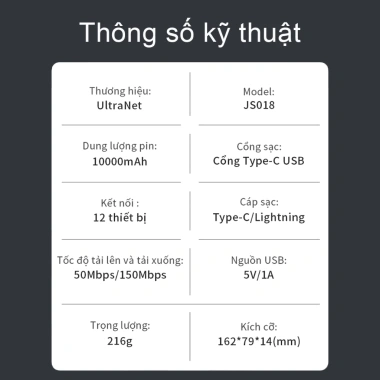 UltraNet JS018 - Bộ phát WiFi di động kiêm sạc dự phòng, WiFi 6, pin trâu, mạng mạnh, bảo hành 1 năm - 838.000₫