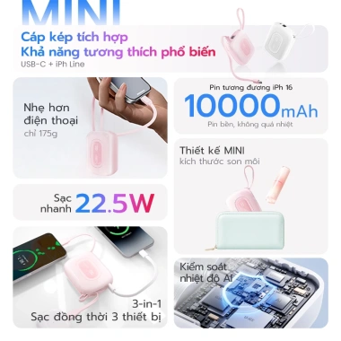 Uneed Mini 10.000mAh PD 22.5W – Sạc nhanh iPhone 8‑17 & Android, Quà tặng nữ 499k